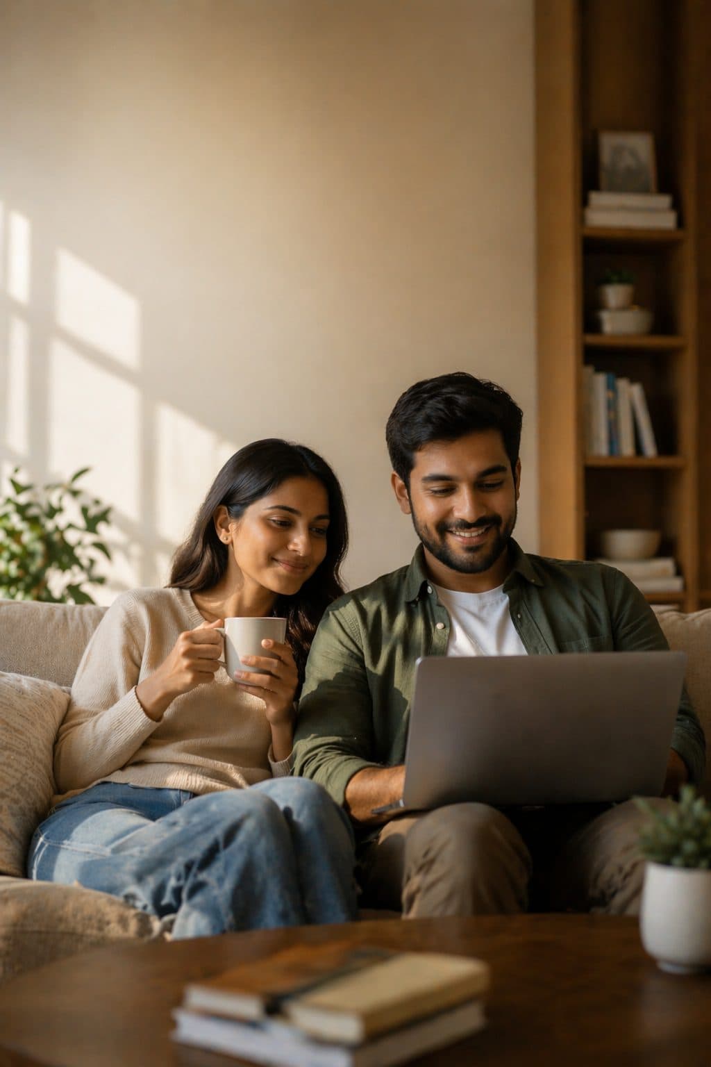 A couple comparing home options together, calmly, at home.